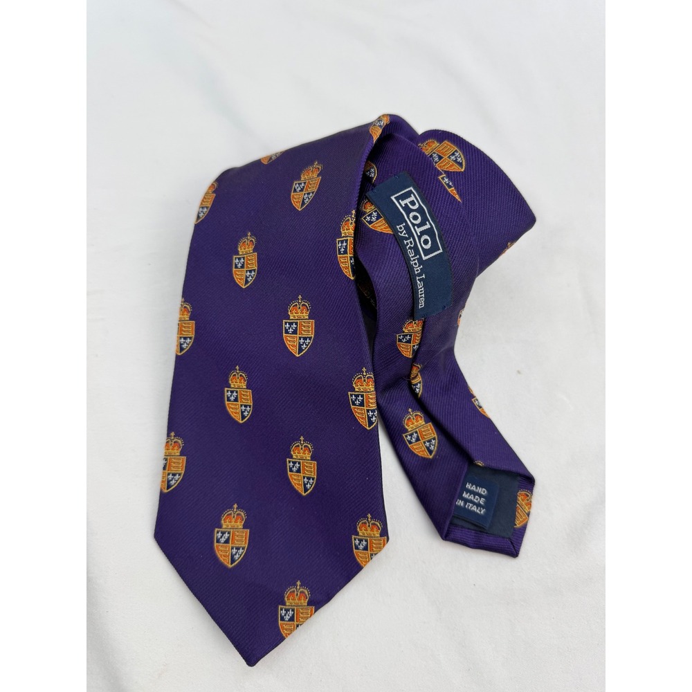 Polo Ralph Lauren Purple Crest Crown Silk Tie Hand Made in Italy Heraldic